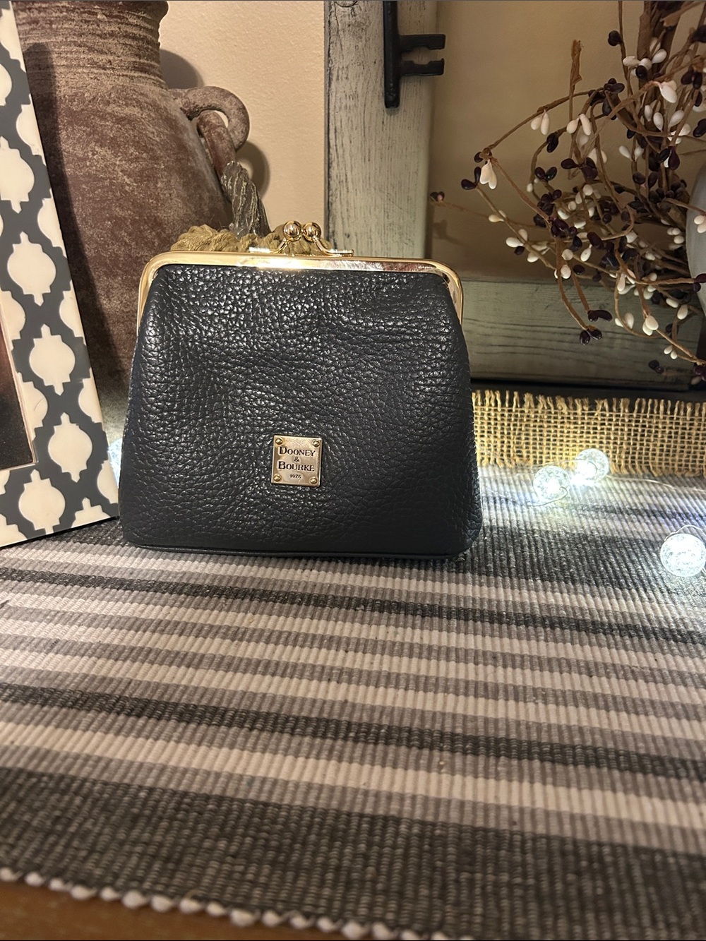 Dooney & Bourke Black Pebble Leather Kiss-Lock Coin Clutch